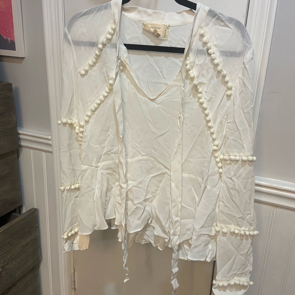 White Sheer Pom-Pom Blouse